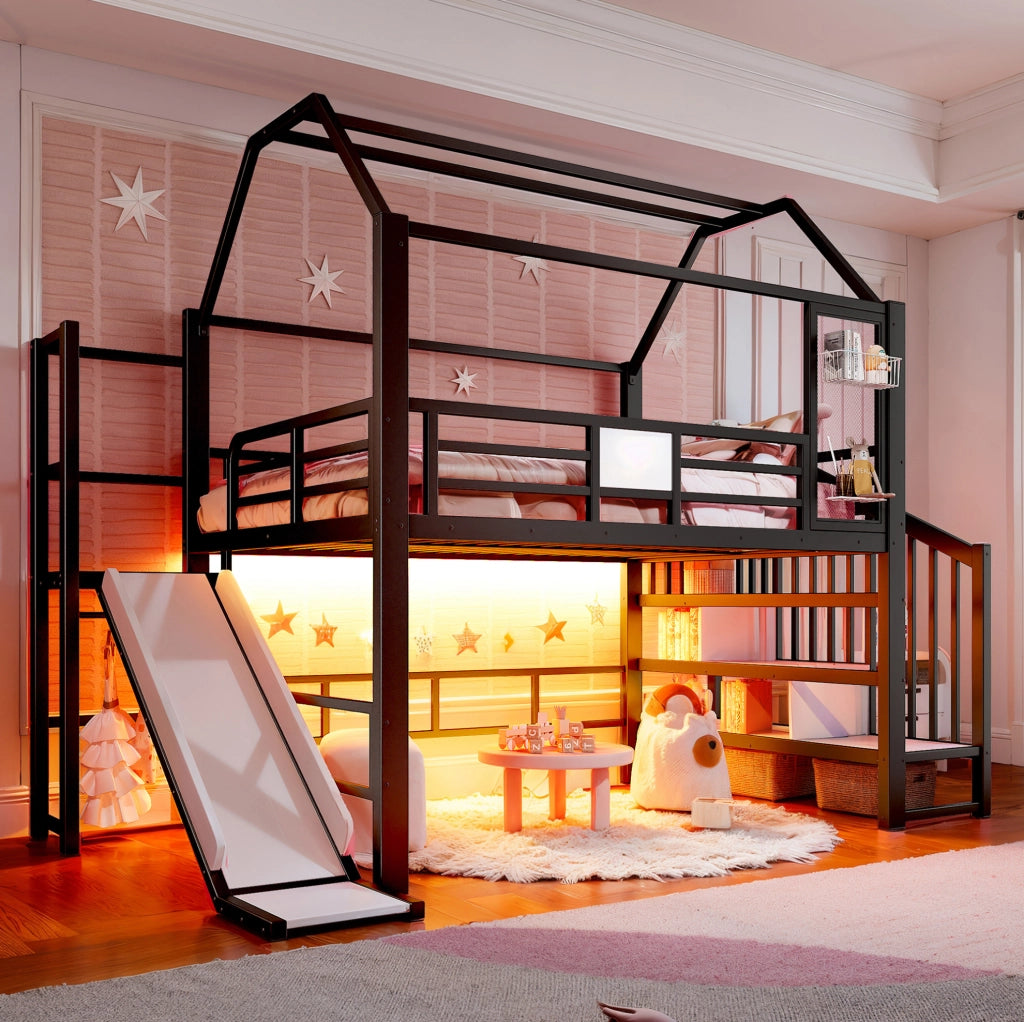 Letto a soppalco per bambini 140x200 cm con scivolo e LED Bluetooth in metallo nero
