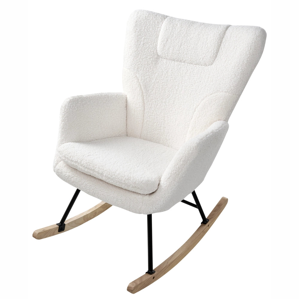 Sedia a dondolo Tessuto bouclé bianco Rivestimento in legno Gambe Pattini Nursery Soggiorno Cottage Scandinavo