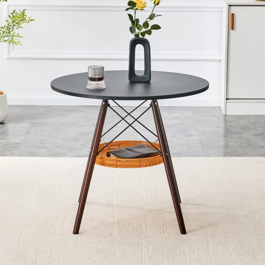 Tavolo da pranzo - rotondo Ø80 cm - MDF nero - gambe in noce massello - cesto intrecciato sospeso