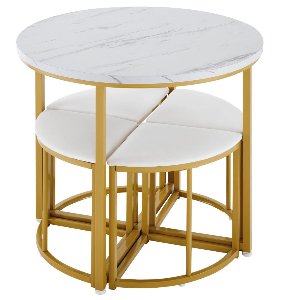 Tavolo da pranzo rotondo per 4 persone con 4 sedie, piano in MDF, struttura in metallo, bianco e oro, 80 cm