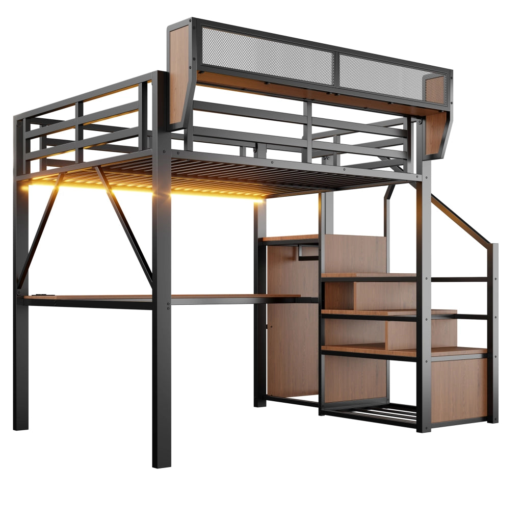 Letto a soppalco in metallo 140x200 cm con scrivania, scala di sicurezza, ripiani flessibili, LED e presa multifunzione, Nero