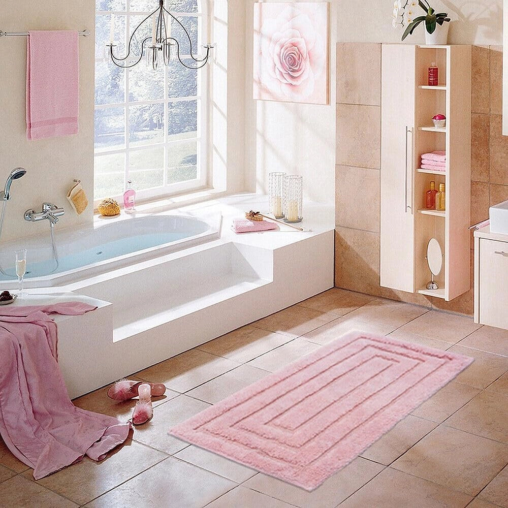 Tappeto Bagno 50x110 cm Puro Cotone Elegante Lussuoso Morbido Scendiletto Antiscivolo Rosa