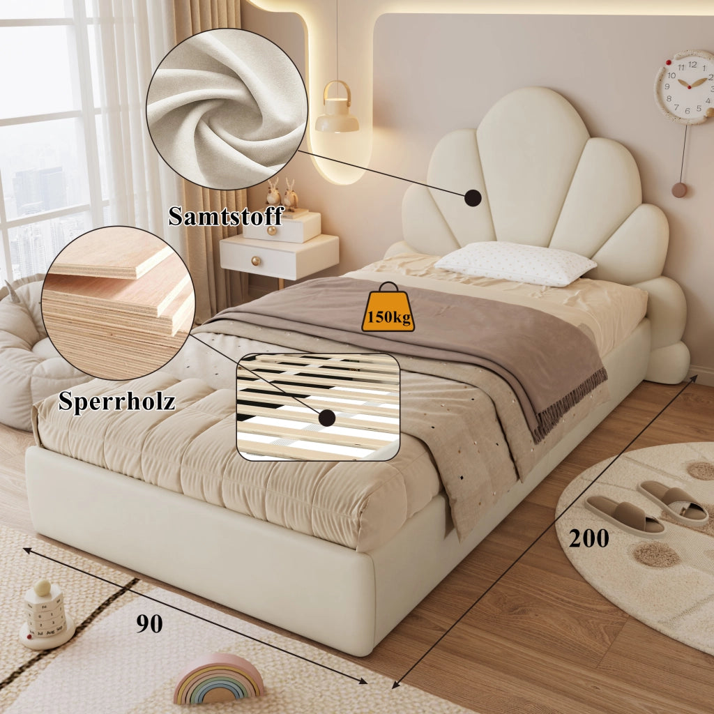 Letto singolo imbottito, testiera con petali curvi, semplice, elegante e confortevole, struttura letto moderna, velluto, beige, 90x200 cm