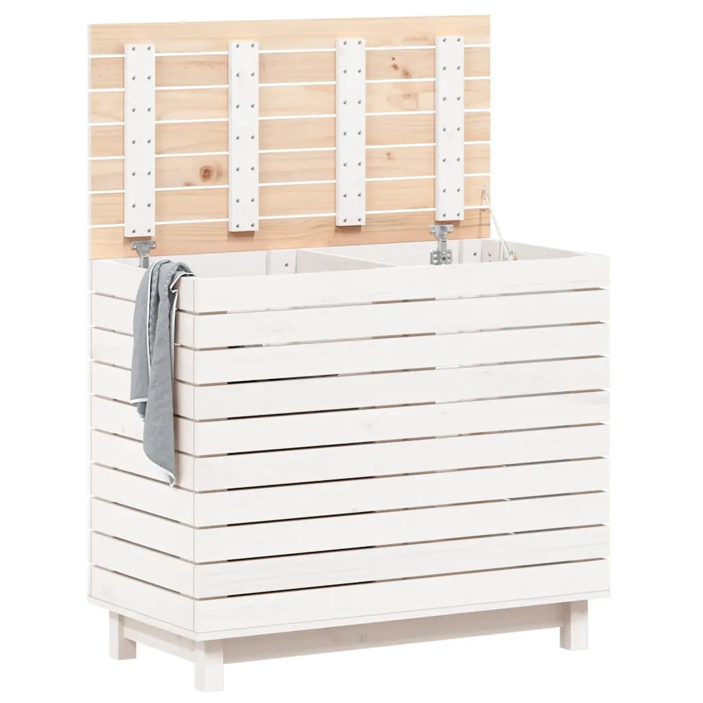 Cesto per Bucato Bianco 88,5x44x76 cm Legno Massello Pino 832324