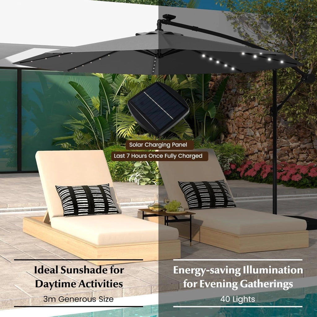 Ombrellone da Giardino 3m con Luci Solari, Ombrellone da Patio Anti UV con Base Croce, Ombrellone a Manovella da Esterno con Regolazione Inclinazione per Cortile, Piscina