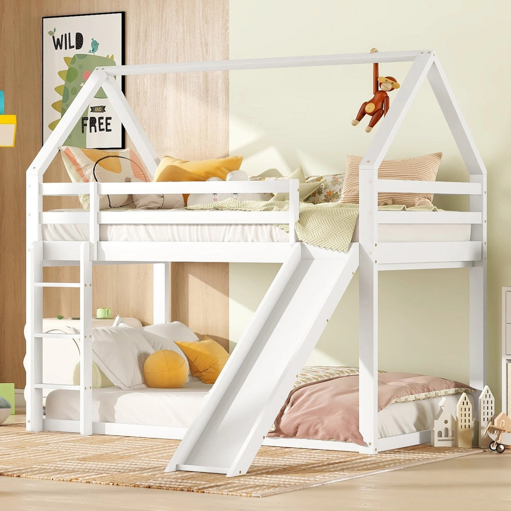 OKWISH Letto a Castello a Casetta 90×200 cm, Letto Singolo con Scivolo, Scala e Sponde, senza Materasso, in Pino, Bianco