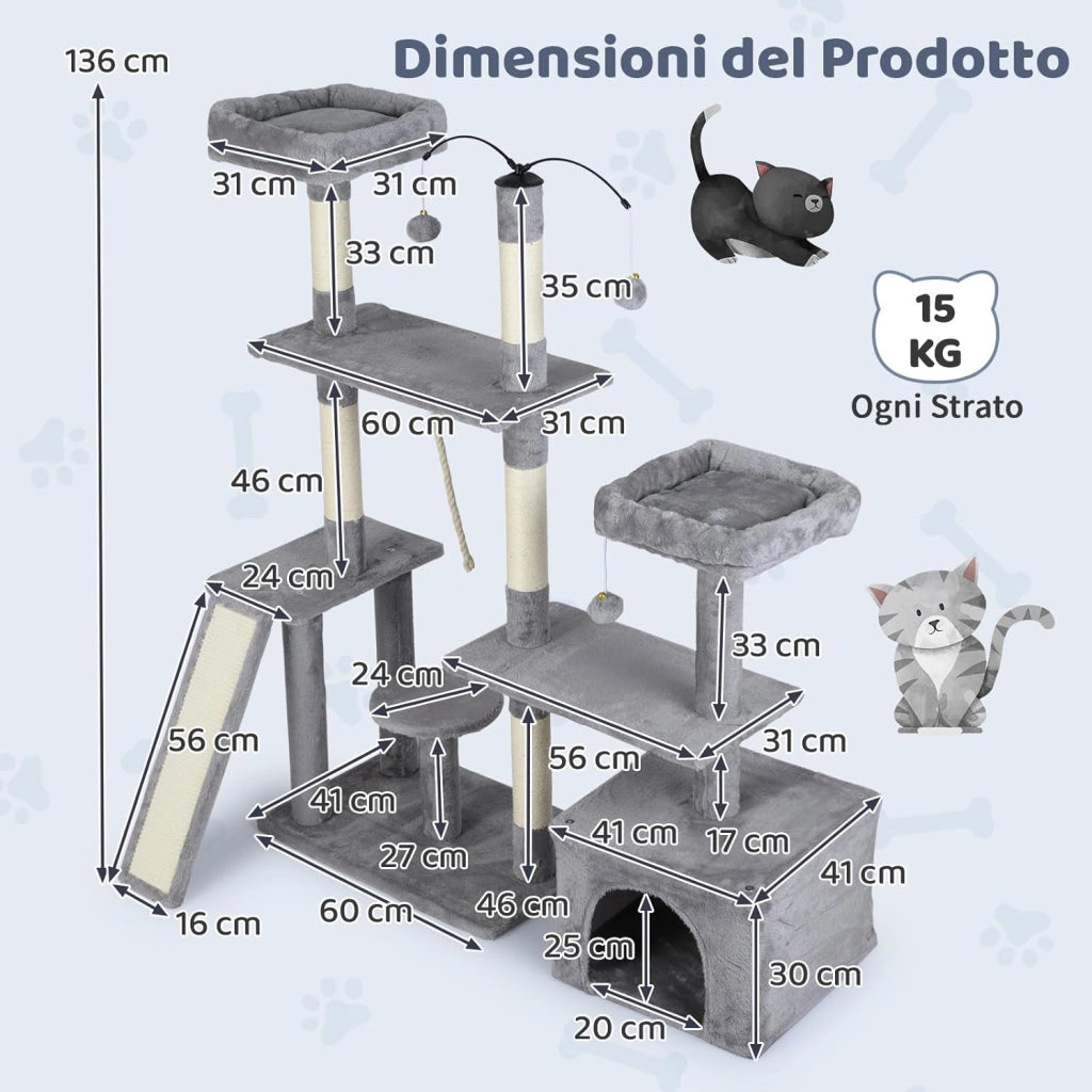 Albero per Gatti Alto 136 cm, Tiragraffi per Gatti da Interno con Tiragraffi, Rampa, 2 Posatoi Imbottiti, Ampio Condo, Palline Pendenti, Corda Appesa e Piattaforma Multilivello (Grigio Chiaro)