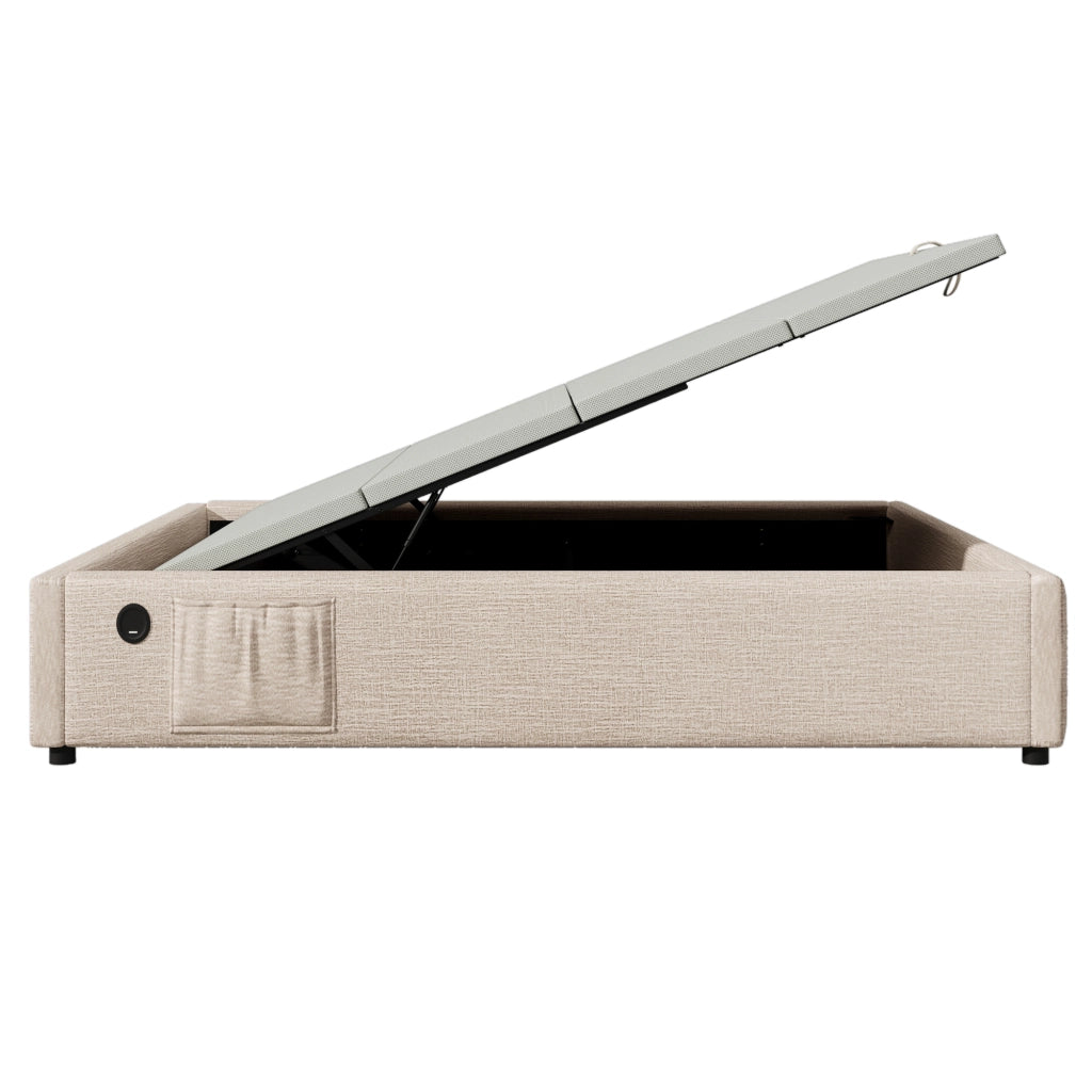 Letto Contenitore Matrimoniale 160x200 cm; USB e Type-C; in Lino Beige Naturale