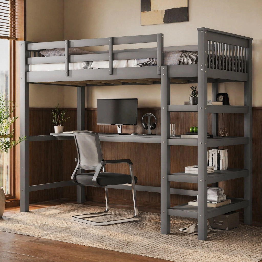 DESMIU Letto a Soppalco Singolo con Scrivania, Scaffali e Scala Contenitore 90 × 200 cm, Senza Materasso, Grigio