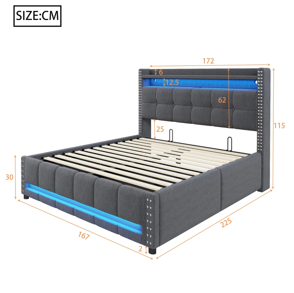 Letto imbottito 160x200 cm con LED, USB e vano contenitore