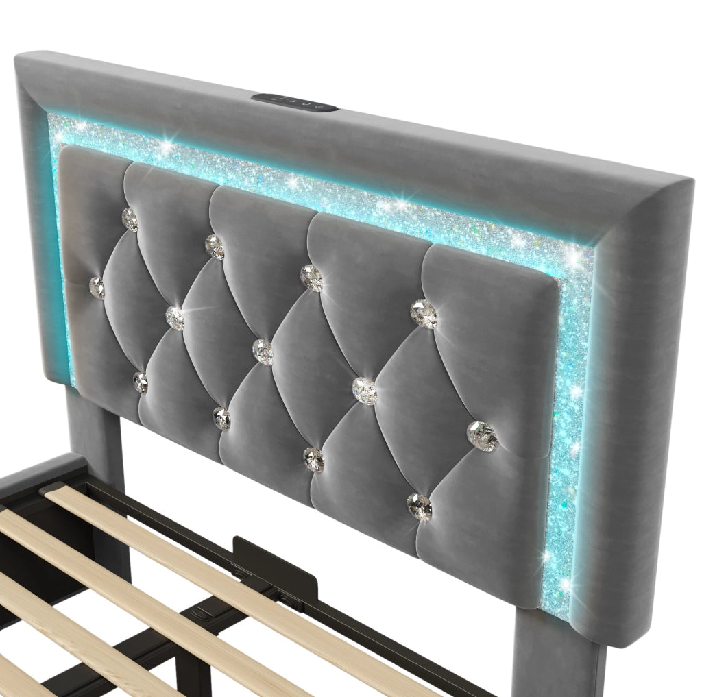 Letto singolo imbottito 90x200 cm con contenitore; LED; USB C e USB; velluto grigio