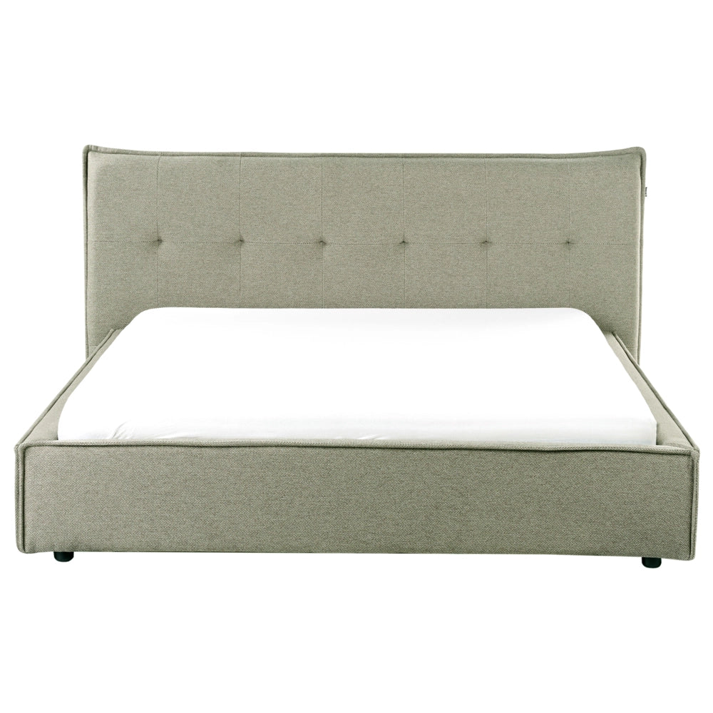 Letto 160 x 200 cm rivestimento in tessuto di lino verde e gambe nere, con testiera e struttura a doghe per la camera da letto.