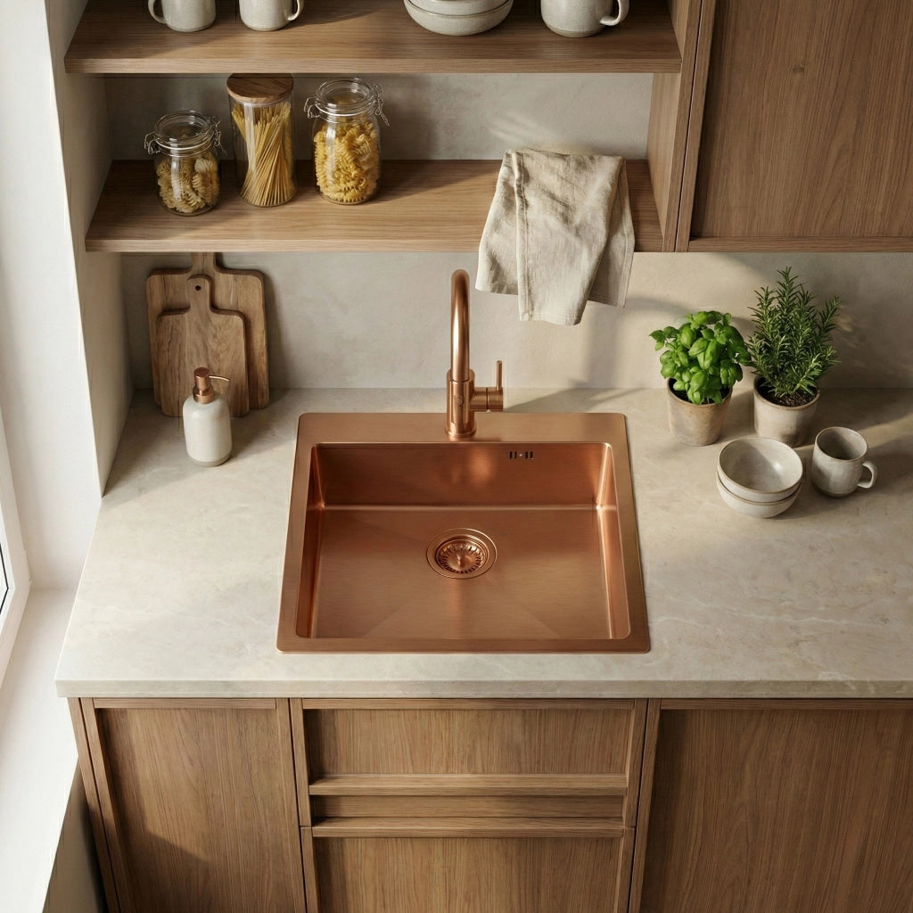 Lavello In Acciaio Leo 50 Brush Copper senza rubinetto da cucina