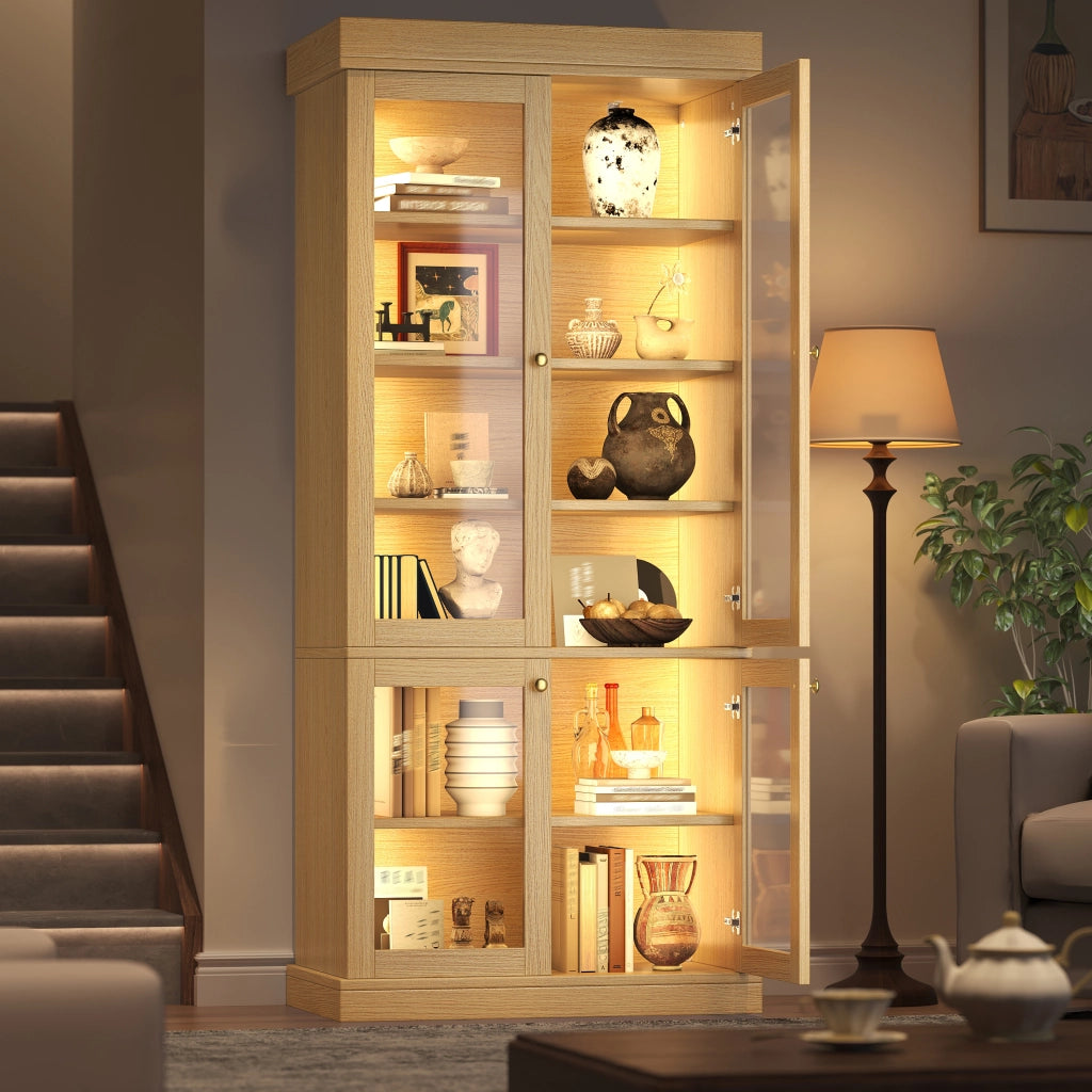 Armadio con LED e ripiani per soggiorno, 2 sistemi antiribaltamento, in MDF e vetro, legno naturale, 160 × 40 × 180 cm