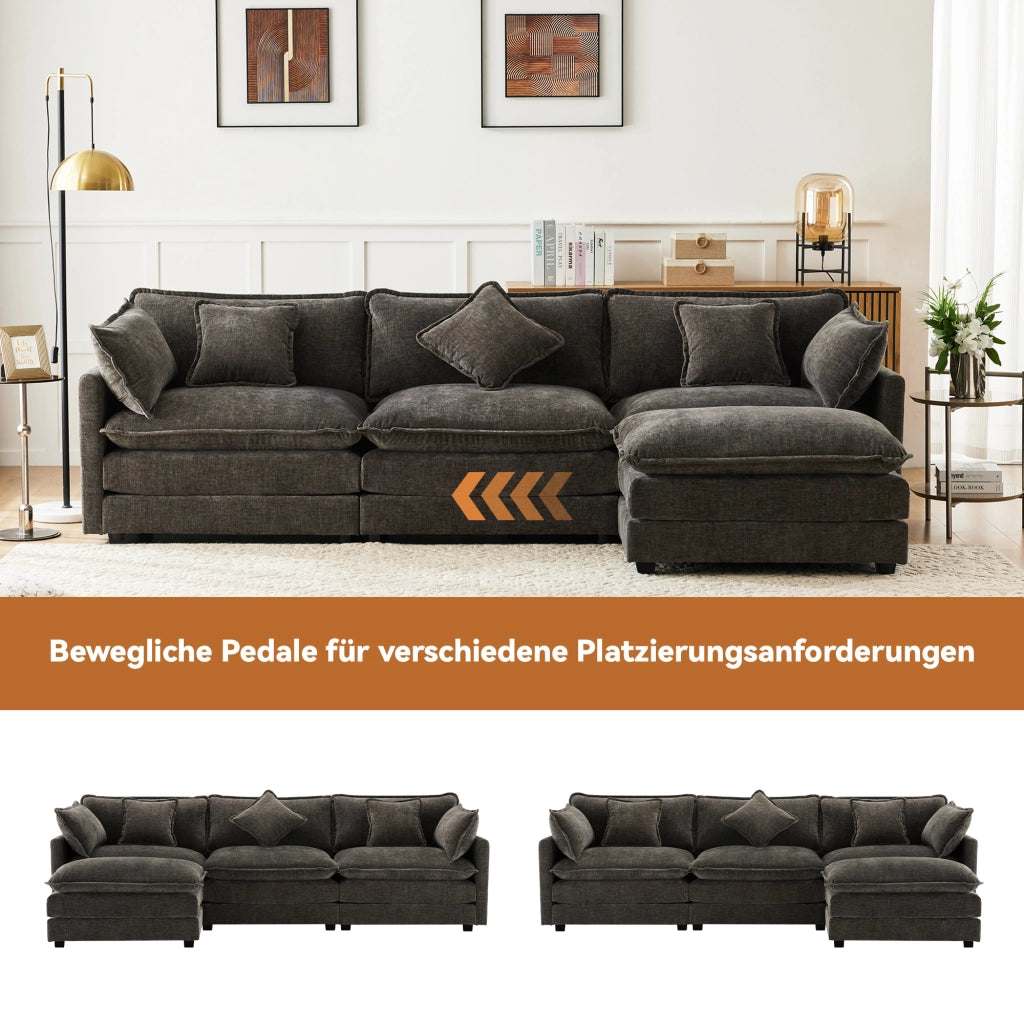 DIVANO Angolare L 283x147x84 cm in Chenille Grigio scuro con pouf mobile