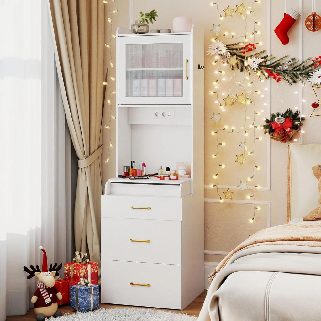Toeletta Trucco con Luci LED, Tavolo da Trucco con Specchio e Stazione di Ricarica, Postazione Trucco con Cassetto, 2 Piani d'Appoggio a Ribalta, Bianco (Modello 3)