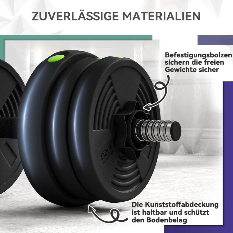 Set di manubri 2 in 1, bilanciere e manubrio, 20 kg, antiscivolo, adatto a pavimenti, nero/verde