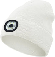 Cappello da neve con luce LED ricaricabile - 22*21cm - Cappello in lana unisex per inverno - Cappello con lampada da tasca e cappuccio ripiegabile - Lavabile e asciugabile - Ideale per la pesca, la corsa in mountain bike e il campeggio - Bianco
