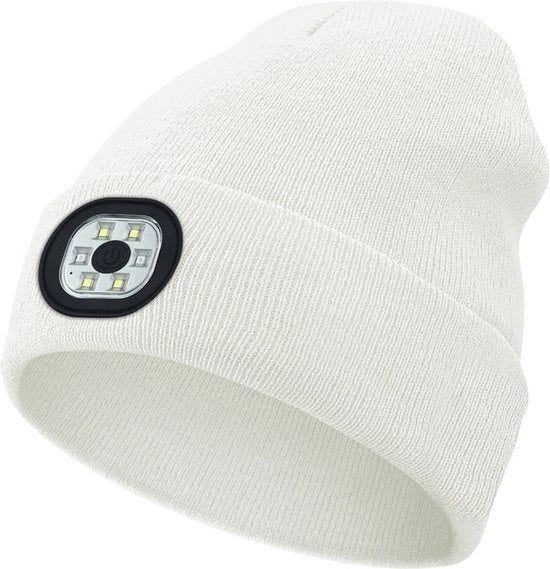 Cappello da neve con luce LED ricaricabile - 22*21cm - Cappello in lana unisex per inverno - Cappello con lampada da tasca e cappuccio ripiegabile - Lavabile e asciugabile - Ideale per la pesca, la corsa in mountain bike e il campeggio - Bianco