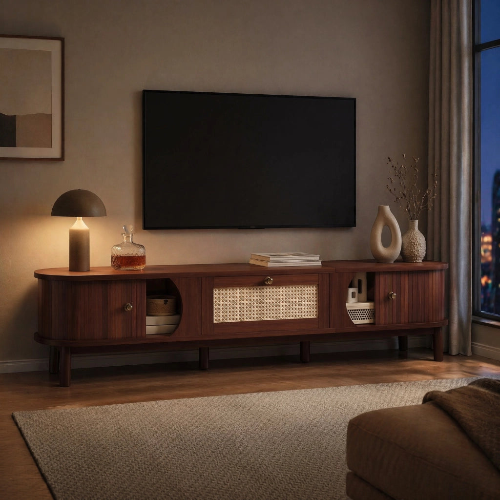 Mobile TV 170 cm in legno e rattan con ante e cassetti