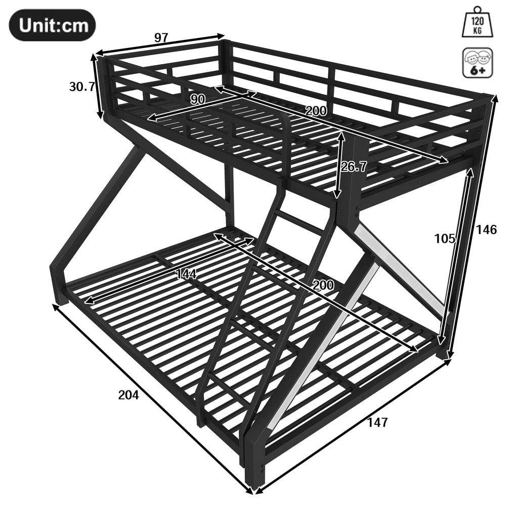 Letto a Castello 90x200 cm e 140x200 cm; LED e Scala - in Metallo - Nero
