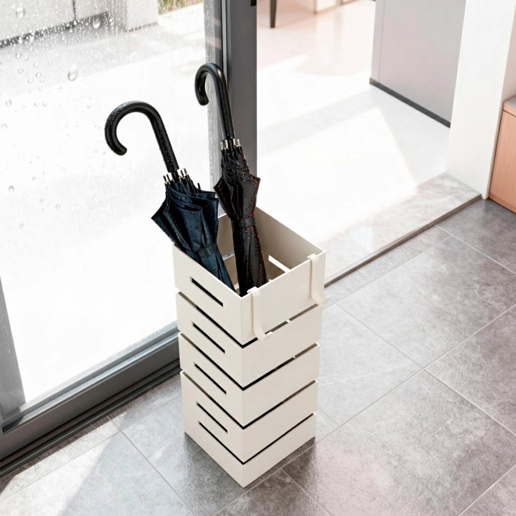 Portaombrelli Per Interno Esterno In Acciaio Zincato Con Vaschetta Scolapioggia Due Ganci Removibili Struttura Robusta Base Antiscivolo Design Moderno 49 X 15 5 X 15 5 Cm Bianco