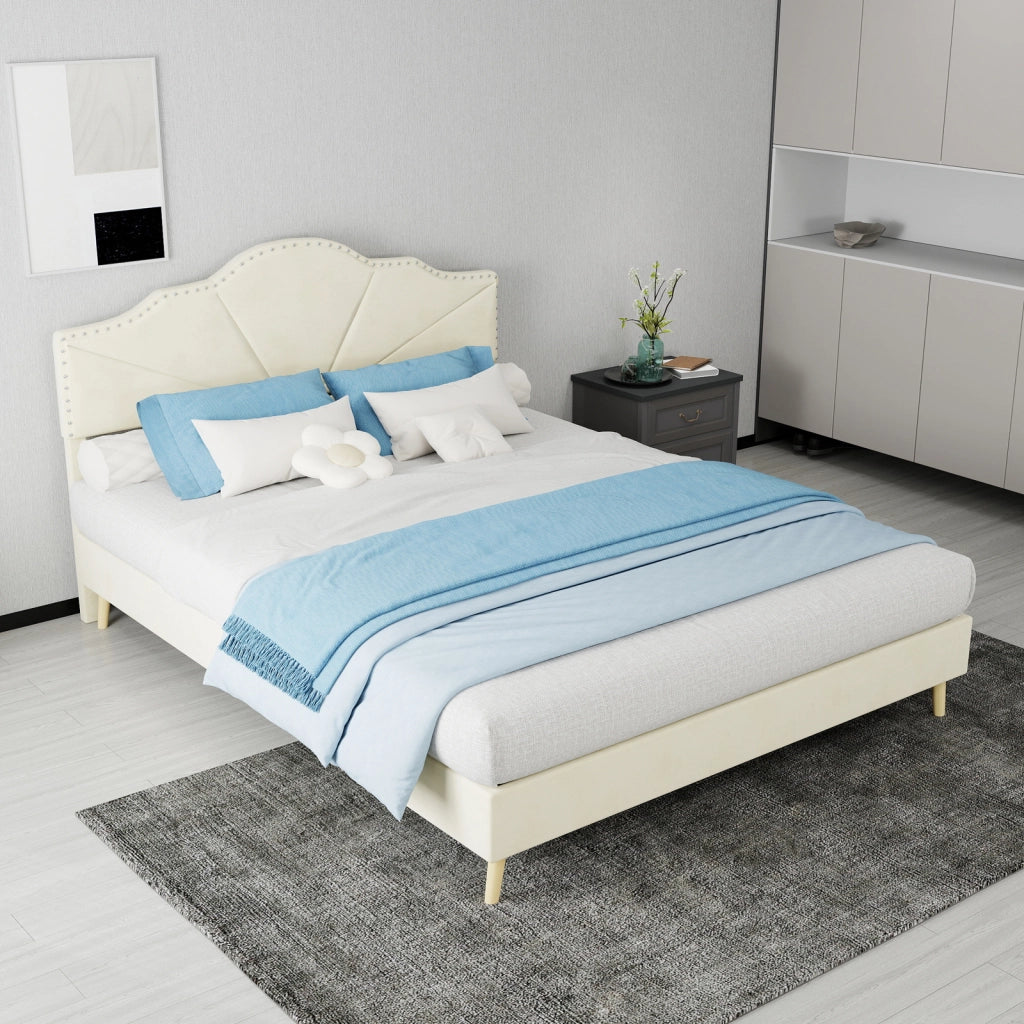 DESMIU Lit simple 140 × 200 cm con testiera geometrica e borchie, senza materasso, in tessuto e metallo, beige