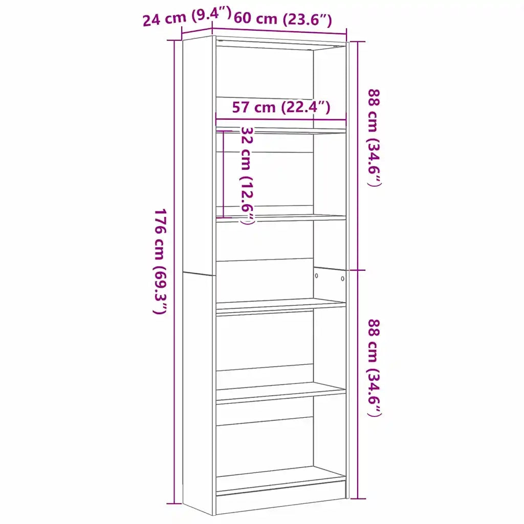 Libreria-Scaffale per Libri-Mobile di Stoccaggio Rovere Nero 60 x 24 x 176 cm Legno multistrato