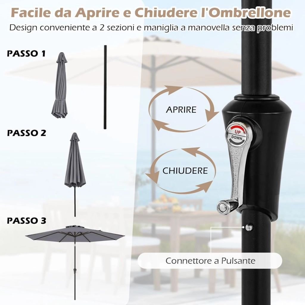 Ombrellone da Giardino, Diametro 3M, Ombrello da Spiaggia con Manovella e Inclinazione Regolabile, Ideale per Spiaggia, Balcone, Giardino (Grigio)