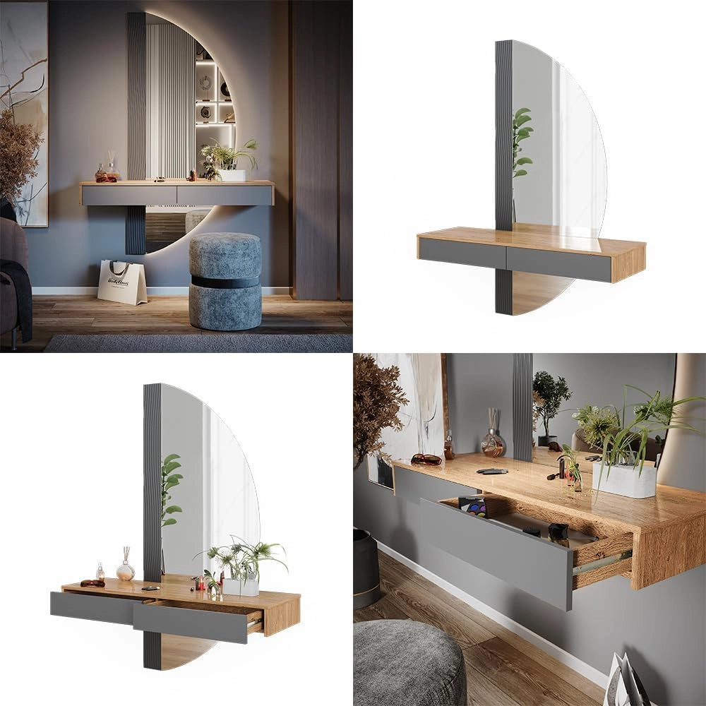 Tavolo da toeletta Melisa, Grigio, 120 cm con 2 cassetti, Altezza regolabile, perfetta per adattarsi alle esigenze individuali
