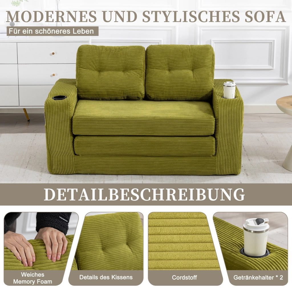 Divano modulare a 2 posti in velluto a coste con portabicchieri e tasche laterali verde oliva 136 × 80 × 82,5 cm