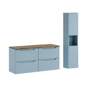 Set bagno sospeso VANO blu denim e quercia 150cm: mobile sotto lavabo con cassetti + piano per lavabo + colonna