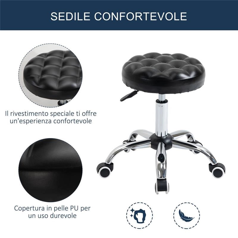 SGABELLO AD ALTEZZA REGOLABILE CON 5 RUOTE IN ACCIAIO GOMMAPIUMA E SIMILPELLE