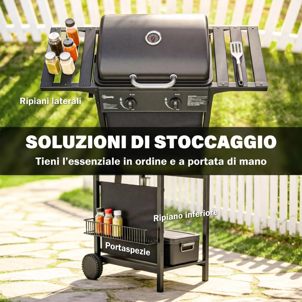 Barbecue a Gas con 2 Bruciatori e Tavolini Laterali ¨C zephmum ¨C Nero