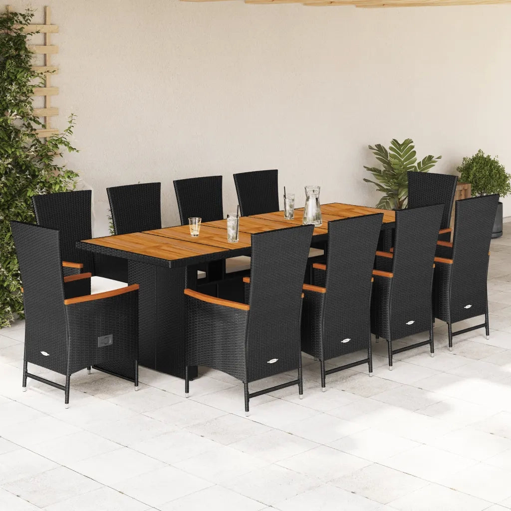 Set da Pranzo da Giardino 11 pz con Cuscini in Polyrattan Nero