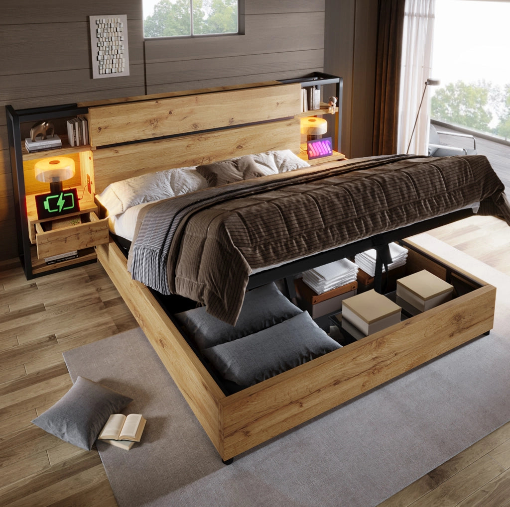Letto contenitore 160x200 cm in MDF rovere con USB Type-C, senza materasso