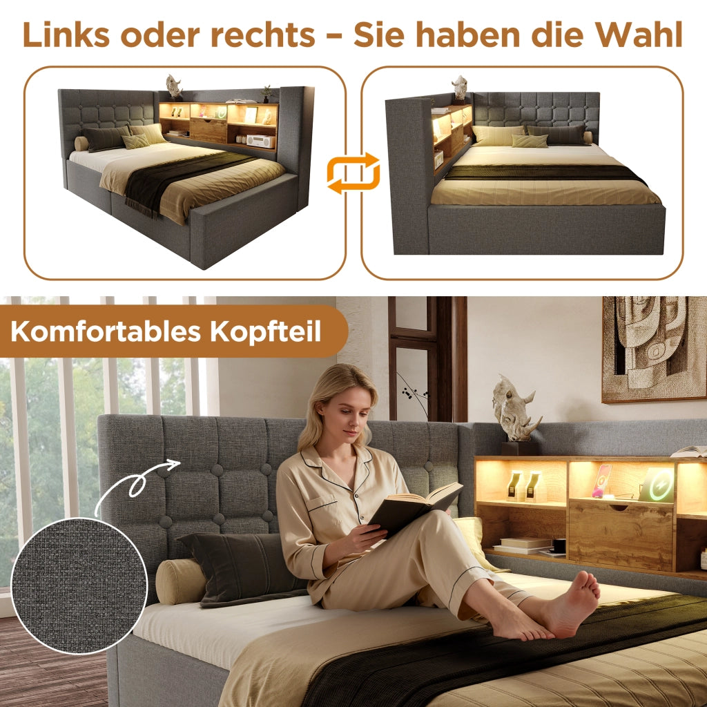 Letto imbottito idraulico con illuminazione a LED 90x200 cm colore grigio lino
