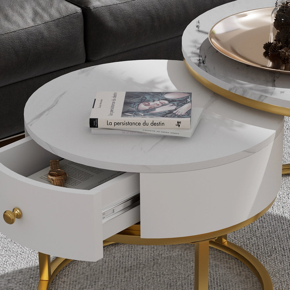 Vicco Set di tavolini Marmo bianco 70 x 70 cm , tavolino con cassetto