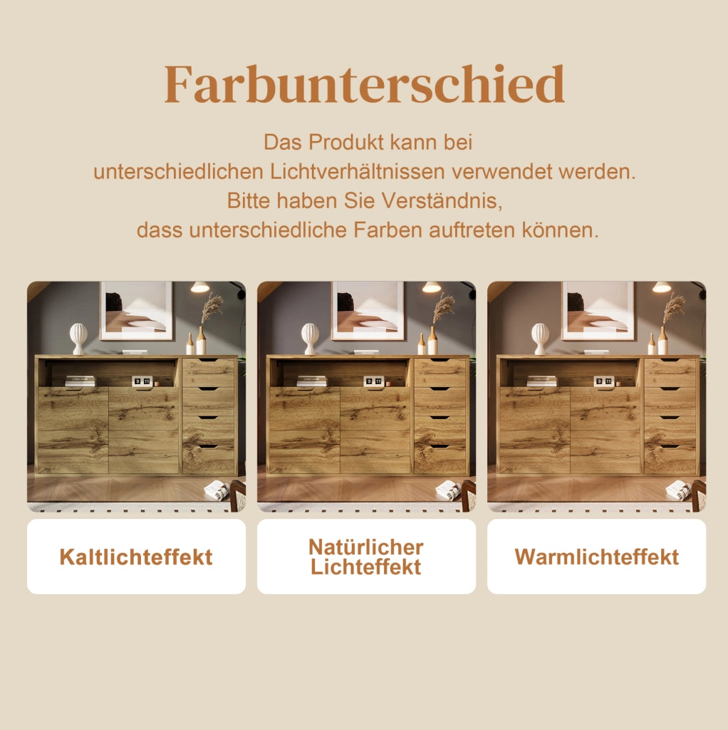 Credenza in MDF effetto rovere con 4 cassetti e 2 ante
