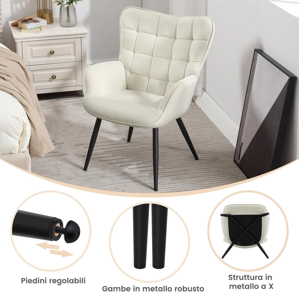 Poltrona Relax ad Ala, Poltrona Salotto Braccioli Alti, Sedia Poltrona per Camera da Letto, Soggiorno, Sedile in Velluto a Coste, Gambe in Metallo, Motivi a Quadri, Grigio Scuro, SKS31dgr