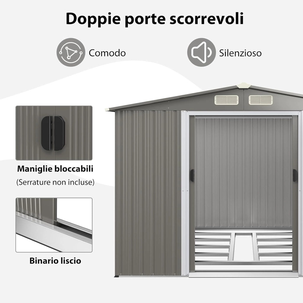 Casetta da Giardino 4,74㎡, Capanno da Esterno in Lamiera Acciaio Zincato Resistente alle Intemperie con 4 Feritoie, Doppie Porte e Rampa, 260 x 207 x 181 cm (Grigio chiaro)