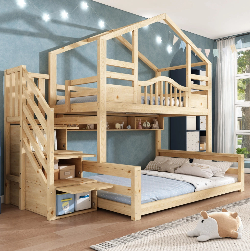 Letto a castello a casetta 90x200 e 140x200 cm con scala contenitore e ripiani
