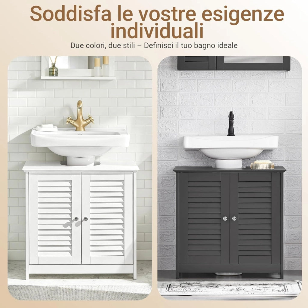 Mobile Bagno Sottolavabo - Mobiletto Bagno Salvaspazio con Mensole Regolabili, Mobile Lavabo in MDF, Antimuffa con Porta a Lamelle, per lavabo a terra, Grigio Scuro, 60x58x35cm, FRG237-II-DG