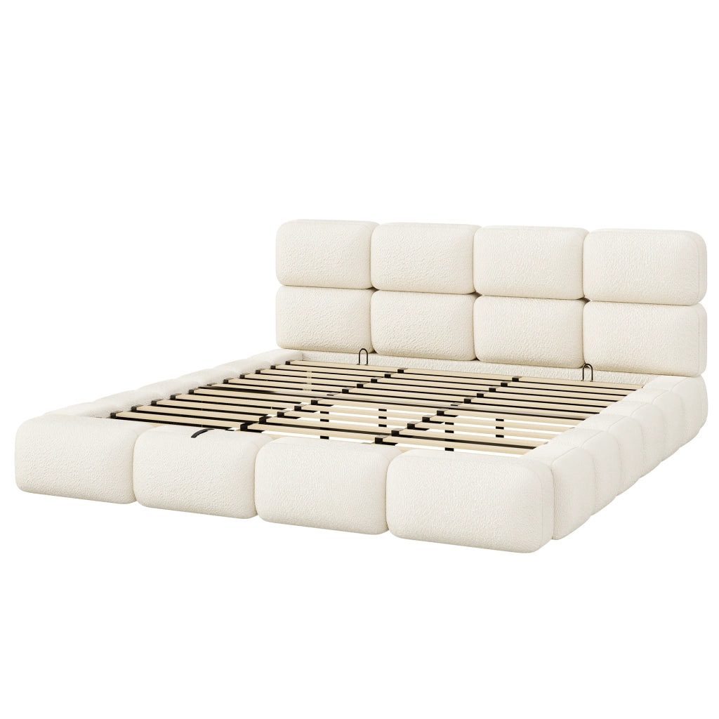 Letto Contenitore 200 x 200 cm con Sollevamento Idraulico; Bouclé Bianco