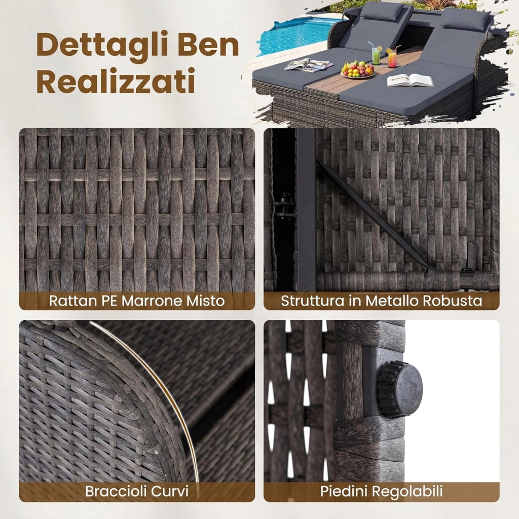 Letto Prendisole Matrimoniale per 2 Persone, Lettino da Giardino in Rattan con Tetto Retrattile e Schienali Regolabili, Isola Prendisole con Tavolino e Portabicchieri per Relax (Grigio)