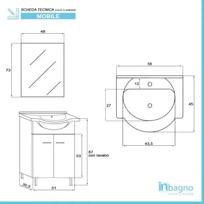 Mobile bagno a terra 55 cm bianco completo di lavabo e specchio Desya