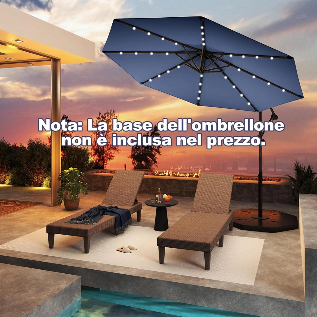 Ombrellone da Giardino ∅300 cm con 32 Luci LED, Ombrellone Prendisole con Rotazione di 360°, Inclinazione Regolabile, 8 Stecche, Manovella, per Giardino Piscina Cortile (Blu Scuro)