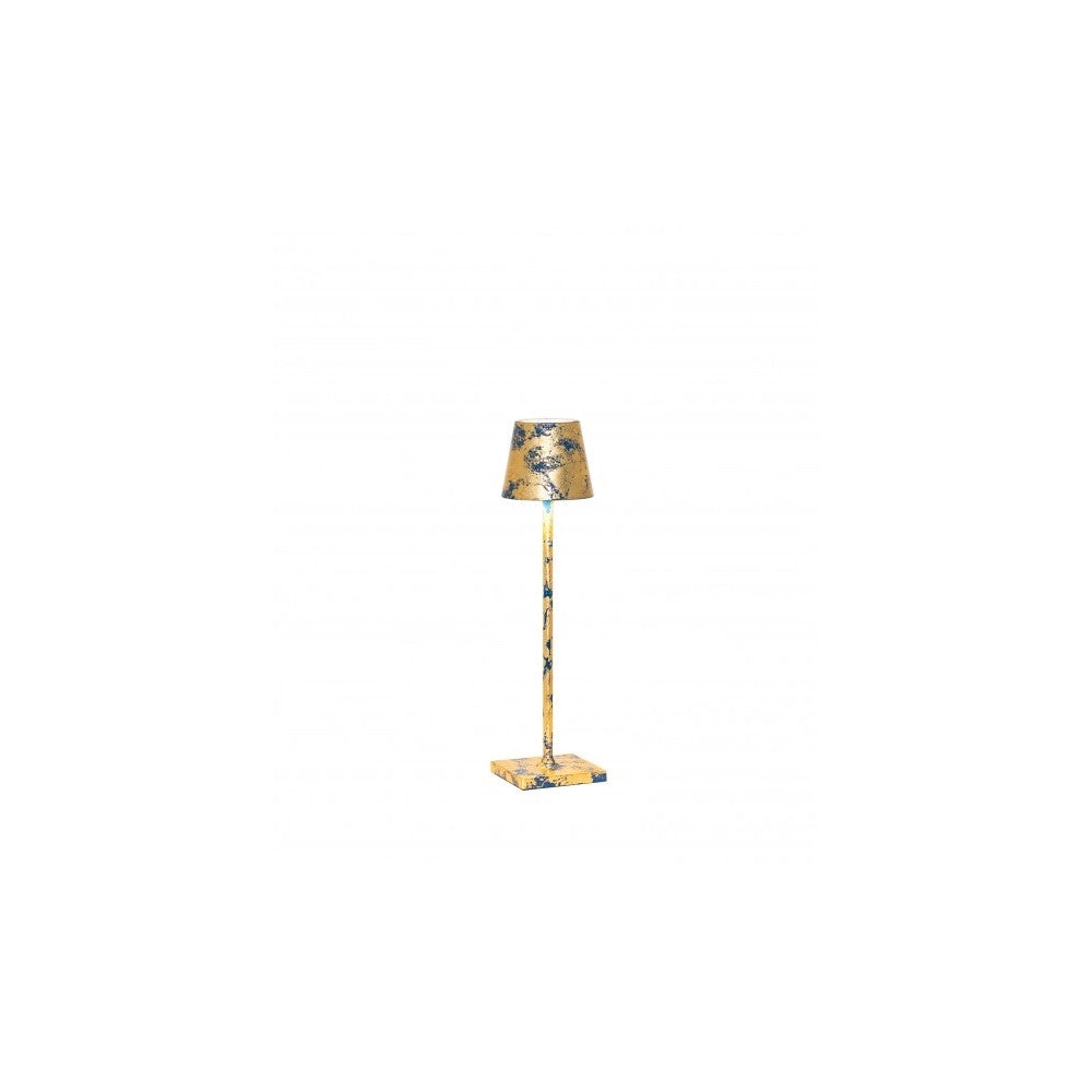 Lampada a led da tavolo Poldina Pro Micro Blu Capri opaco Foglia Oro Craquelè ricaricabile e dimmerabile con batteria fino a 12 ore