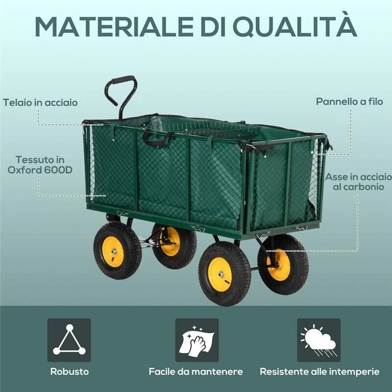 CARRELLO DA GIARDINO IN ACCIAIO CON PARETI LATERALI CAPIENZA 342L VERDE