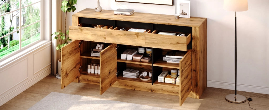 Credenza e madia con 3 cassetti e ripiani regolabili, per soggiorno e ingresso, in truciolare, naturale, 135 × 35 × 70 cm